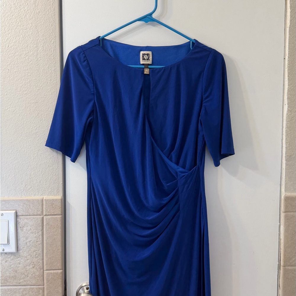 Anne Klein Royal Blue Draped Midi Dress with Short Sleeves